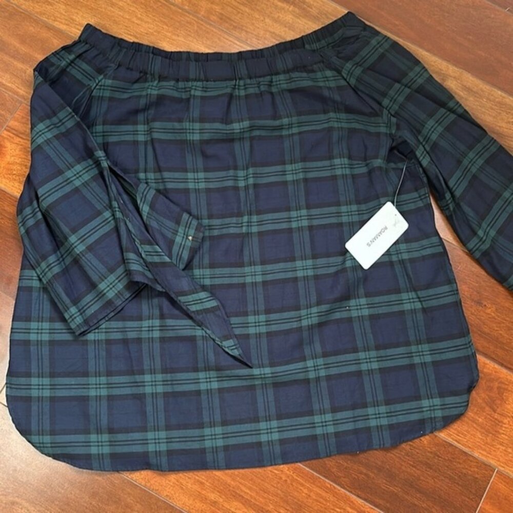 Denim 24/7 Holiday Plaid Drop Shoulder Tie Sleeve Blouse Size 22W